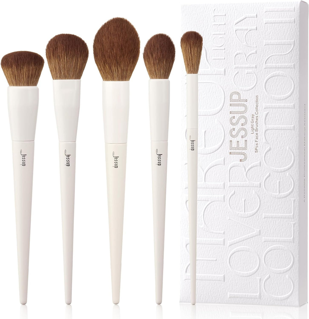 Makeup Brush Set 5Pcs Face Makeup Brushes Vegan Soft Foundation Brush Contour Brush Highlighter Brush Fluffy Setting Powder Brush, Light Grey T493