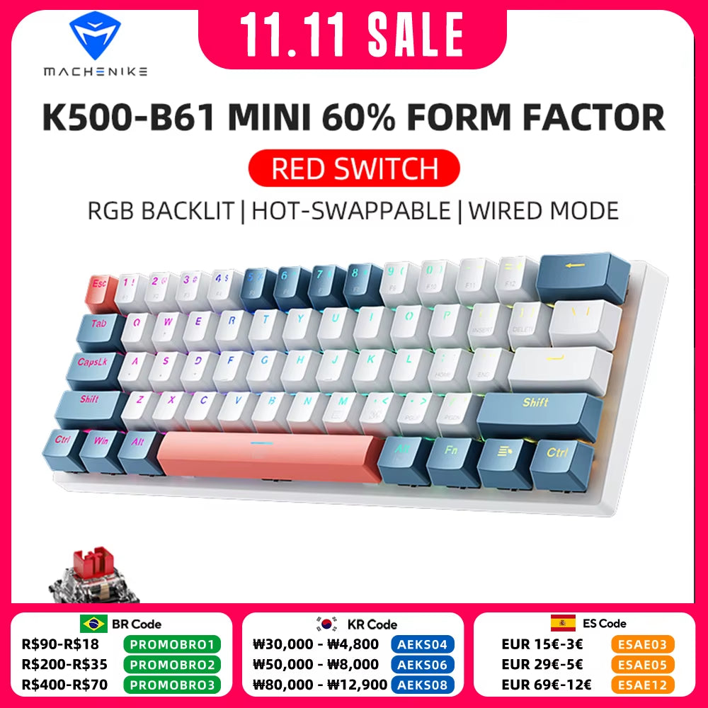 Machenike K500-B61 Mini Mechanical Keybaord 60% Form Factor 61Keys Gaming Keybaord Wired Full Key Hot-Swappable RGB Backlit