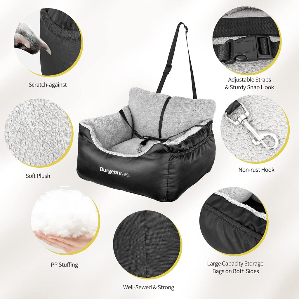 Car Seat for Small Dogs, Fully Detachable and Washable Puppy Booster Seat, with Storage Pockets and Clip-On Leash, Portable Soft Travel Carrier Bed