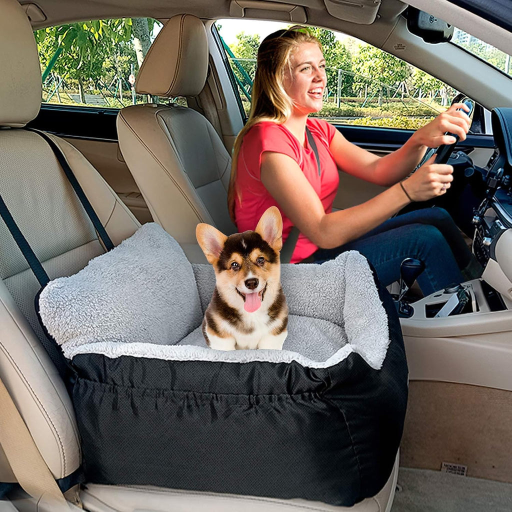 Car Seat for Small Dogs, Fully Detachable and Washable Puppy Booster Seat, with Storage Pockets and Clip-On Leash, Portable Soft Travel Carrier Bed